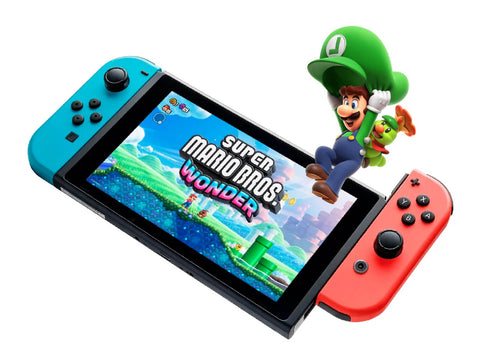 Consola Nintendo Switch Joy Con Neon (Azul - Rojo) Bundle Super Mario Bros Wonder + Switch Online